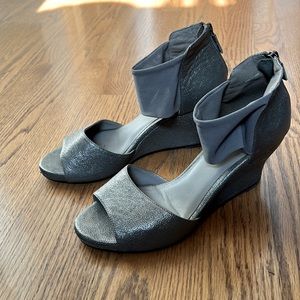 Eileen Fisher silver metallic wedge sandals mesh ankle strap